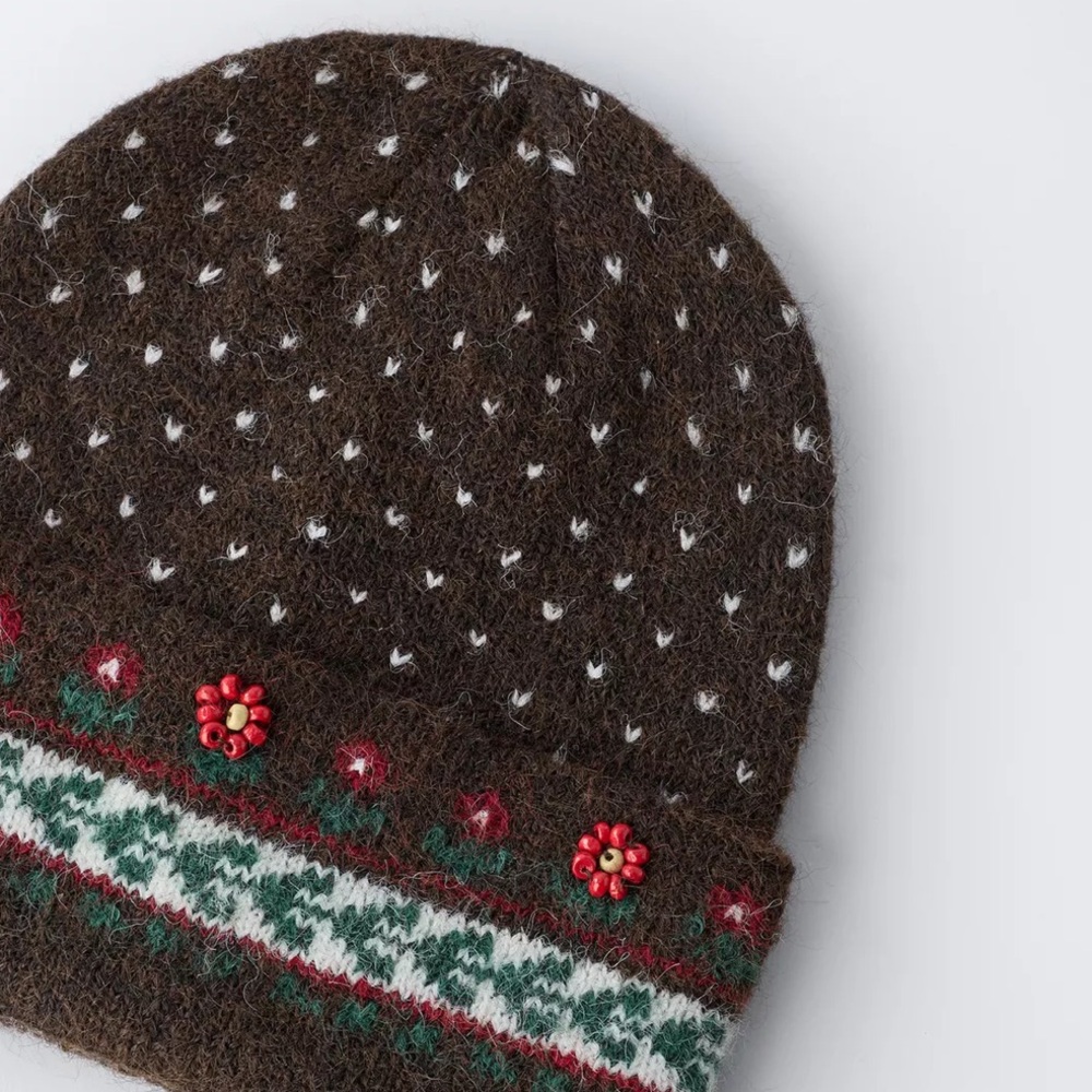 Zara Brown Knit Kids Beanie with Red Flower Embellishments